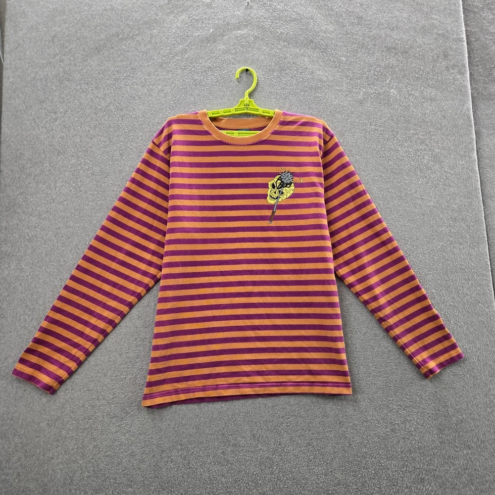 Teenage Men Shirt L Orange Striped Skull Mace Long‎ Sleeve Logo Long Sleeve